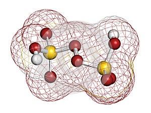 Peroxydisulfuric acid oxidizing agent molecule. 3D rendering. Atoms are represented as spheres with conventional color coding: