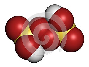 Peroxydisulfuric acid oxidizing agent molecule. 3D rendering. Atoms are represented as spheres with conventional color coding: