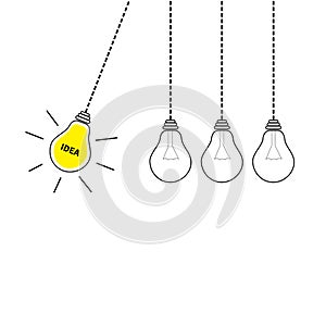 Perpetual motion. Hanging light bulb icon set. Switch on off lamp. Idea text. Shining effect. Dash line. Yellow color. Business su