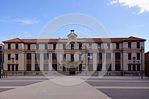 Perpignan city in France Jean Moulin College school building with french text liberty equality fraternity secularism solidarity photo