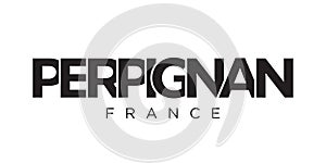 Perpignan in the France emblem. The design features a geometric style, vector illustration with bold typography in a modern font.