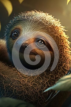 Perplexed Baby Sloth Hanging from Tree Branch