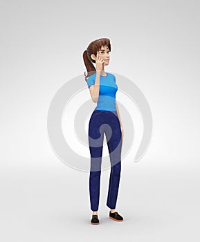 Perplexed and Concerned Mentalist Jenny - 3D Cartoon Female Character Model - Appears Reflective and Thoughtful