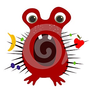 Perplexed cute crimson baby monster with fruits caught in its spikes. Vector EPS 10
