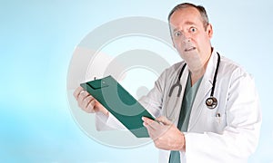 Perplexed Doctor Reading Out Medical Test Result