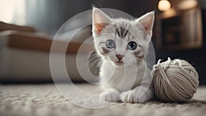A perplexed gray and white kitten looking adorably confused next to a soft ball of yarn,