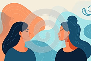 Perplexed woman heeds inner voice. Troubled female listens to alternate personas, uncertain in decision-making. Vector graphic photo