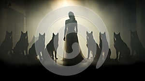 Perplexing Drama: Woman\'s Silhouette Emerging From Thick White Fog With Dogs