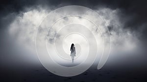 Perplexing Nightmare: A Woman\'s Silhouette Emerges From The Thick White Fog photo