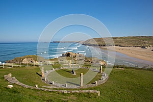 Perranporth beach North Cornwall uk with sundial