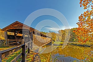 Perrine\'s covered bridge New York historical site spanning Wallkill River in Fall