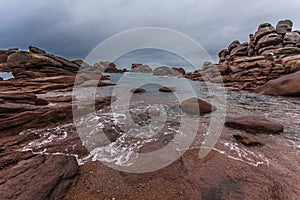 Perros Guirec, Ploumanac`h Lighthouse, Mean Ruz, la Manche, rocks and waves