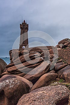 Perros Guirec, Ploumanac`h Lighthouse, Mean Ruz, la Manche, rocks and waves photo