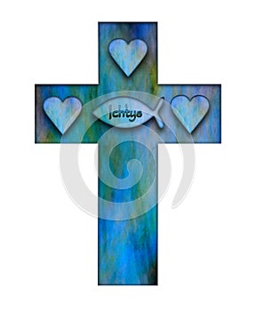 Persecution cross Ichtys sign and heart symbolizing the holy trinity