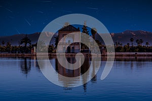 Perseid MEteor Shower at Menara gardens in Marrakech, Morocco, Africa