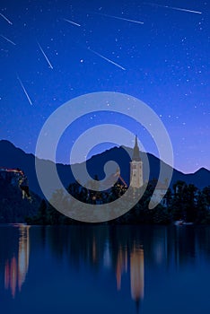 Perseid MEteor Shower over Bled Lake in Slovenia