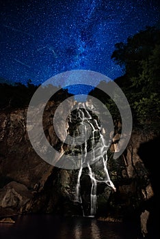 Perseid meteor shower over a waterfall