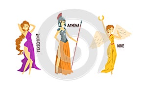 Persephone, Athena, Nike Olympian Greek Gods Set, Ancient Greece Mythology Vector Illustration