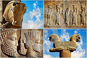 Persepolis is the capital of the ancient Achaemenid kingdom. Sight of Iran. Ancient Persia. Blue sky and clouds background.