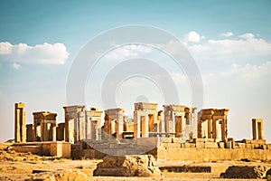 Persepolis, Iran - 8th june, 2022: Persepolis panorama- capital of the ancient Achaemenid kingdom. Ancient columns. Sight of Iran