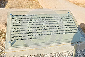 Persepolis, Iran - 8th june, 2022: treasury of persepolis information board sign with information