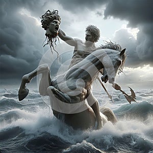 Perseus holds the head of Medusa up high above the ocean riding Pegasus, the winged stallion
