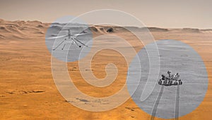 Perseverance Rover  and Ingenuity Mars Helicopter Scout.Elements of this image furnished by NASA 3D illustration