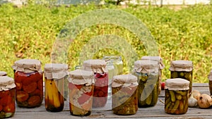 Perseveration of vegetables in jars. Selective focus.