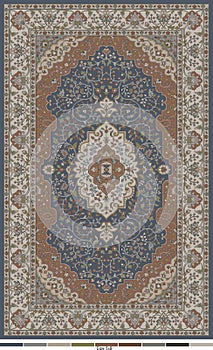 Persian carpet design edited in blue beige and dark gold colors
