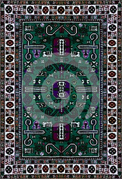 Persian Carpet Texture, abstract ornament. Round mandala pattern, Eastern Traditional Carpet surface. Turquoise green red maroon o