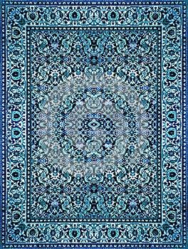 Persian Carpet Texture, abstract ornament. Round mandala pattern, Middle Eastern Traditional Carpet Fabric Texture. Turquoise milk