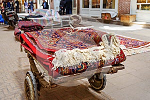 Persian carpets and rugs section in Grand Bazaar in Tabriz. East Azerbaijan province. Iran