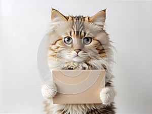 Persian cat with blank board on white background, copy space