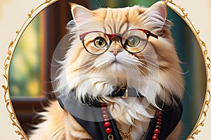 Persian cat donning stylish glasses, exuding confidence, whimsical accessory adding charm, bright and endearing