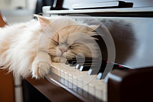 Persian cat face sleep on the piano\'s keyboard.