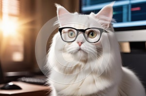 A Persian cat in the glasses near computer