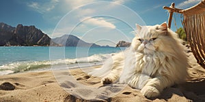 Persian cat lounging on beach, concept of Sunny day