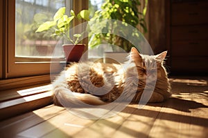 Persian Cat Lounging Indoors, Bathed in Afternoon Sunlight - Behold the epitome of feline grace as a Persian cat reclines indoors