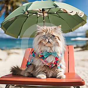 Persian cat sitting on a sun lounger under an umbrella on the beach