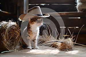 persian cat in small cowboy hat next to a tumbleweed prop