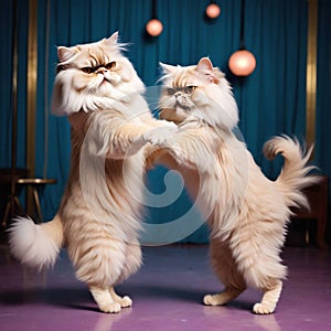 Persian cats play with each other on their hind legs