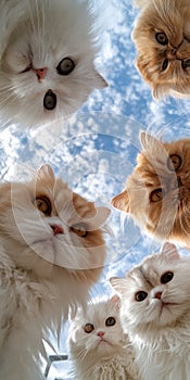 Persian cats in a window, curiously staring at the camera from below, against a clear blue sky backdrop - AI-Generated