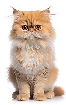 Persian Fluffy Cat sitting at the camera in front isolated of white background