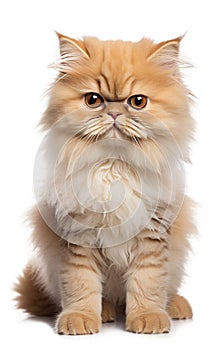 Persian Fluffy Cat sitting and looking at the camera in front isolated of a white background