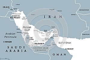 Persian Gulf region, and the Strait of Hormuz, gray political map