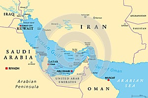Persian Gulf region, Strait of Hormuz, and Gulf of Oman, political map