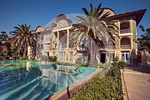 Persian Pavilion of Eram Garden and Its Reflection on the Pool in City of Shiraz