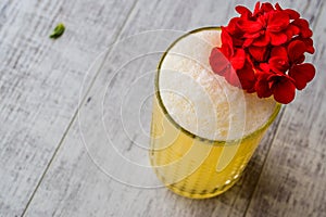 Persian Saffron Milkshake with red flowers.