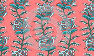 Persian turquoise flowers and leaves seamless pattern. Floral paisley folck vector background using boteh or buta.