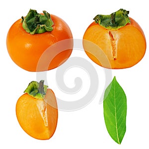 Persimmon cut slice and green leaf set isolated on white background.